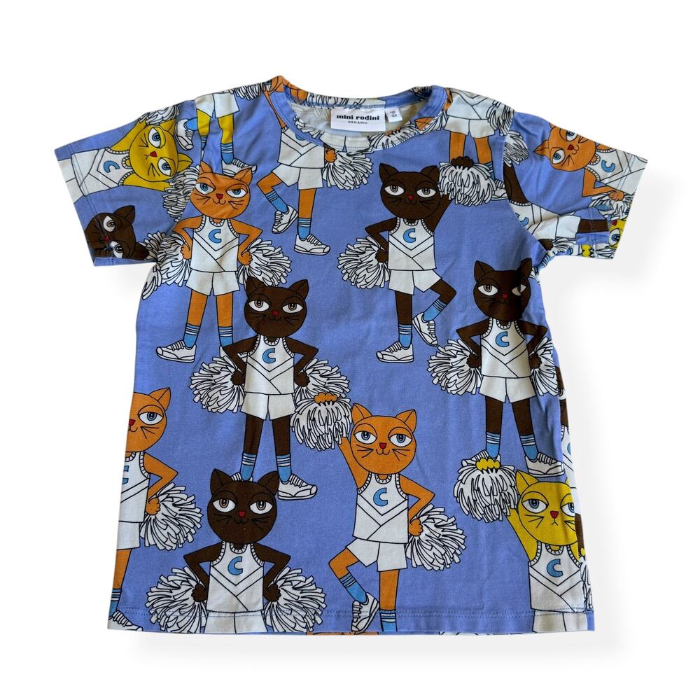 Mini Rodini Cheer Cats Tee Blue Organic Cotton Girls 116/122 US 5-7
